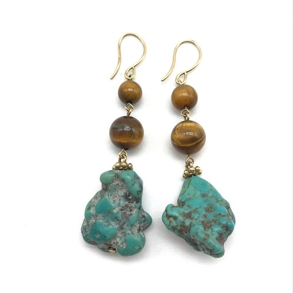 14k Yellow Gold Turquoise Tiger's Eye Dangle Earrings - Picture 1 of 7